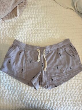 Theo and Spence Women's Lavender Drawstring Lounge Shorts with Lightning Print